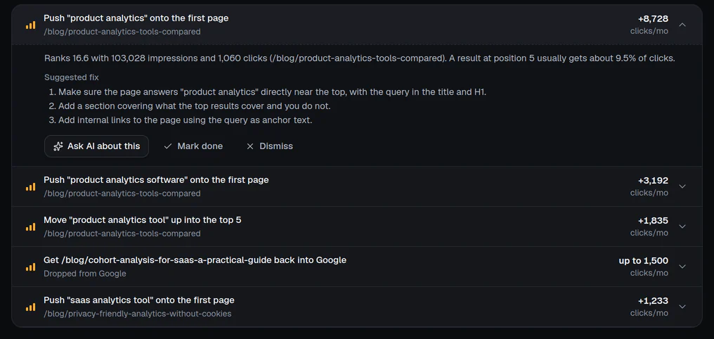 Actions page: a high-impact task with its numbers and a suggested fix