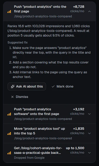 Actions page: a high-impact task with its numbers and a suggested fix