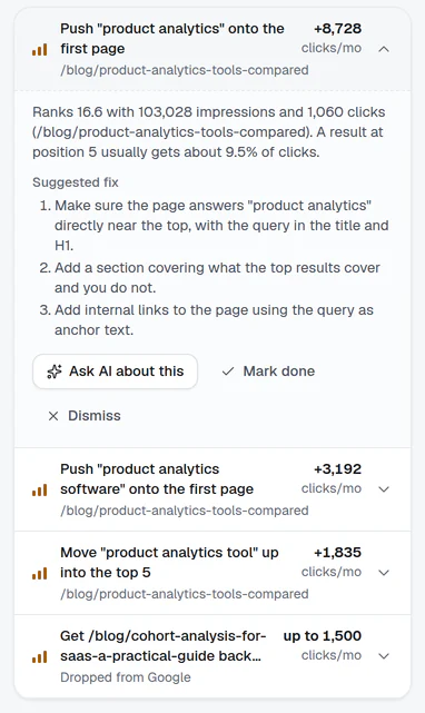 Actions page: a high-impact task with its numbers and a suggested fix